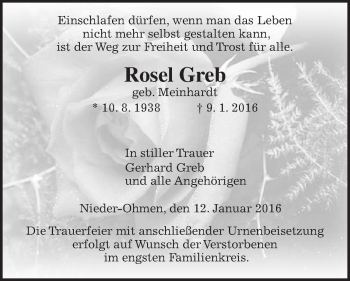 Traueranzeige von Rosel Greb von Alsfelder Allgemeine
