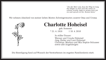 Traueranzeige von Charlotte Hoheisel von Wetterauer Zeitung, Wetterauer Zeitung