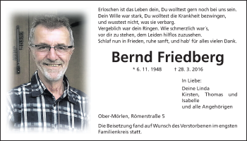Traueranzeige von Bernd Friedberg von Wetterauer Zeitung, Wetterauer Zeitung