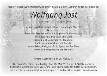 Traueranzeige von Wolfgang Jost von Gießener Allgemeine, Alsfelder Allgemeine