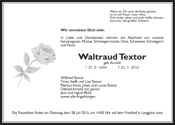 Traueranzeige von Waltraud Textor von Gießener Allgemeine, Alsfelder Allgemeine