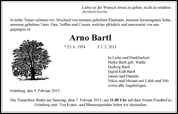 Traueranzeige von Arno Bartl von Gießener Allgemeine, Alsfelder Allgemeine