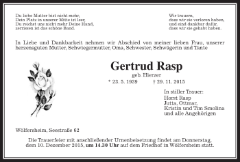 Traueranzeige von Gertrud Rasp von Wetterauer Zeitung, Wetterauer Zeitung