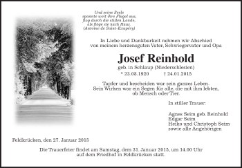 Traueranzeige von Josef Reinhold von Gießener Allgemeine, Alsfelder Allgemeine