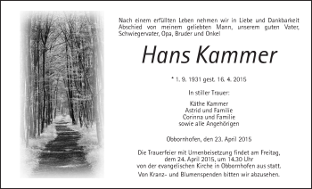 Traueranzeige von Hans Kammer von Licher Wochenblatt, Licher Wochenblatt, Licher Wochenblatt