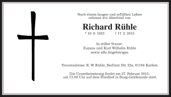 Traueranzeige von Richard Rühle von Wetterauer Zeitung, Wetterauer Zeitung