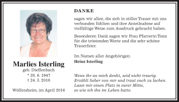 Traueranzeige von Marlies Isterling von Wetterauer Zeitung, Wetterauer Zeitung