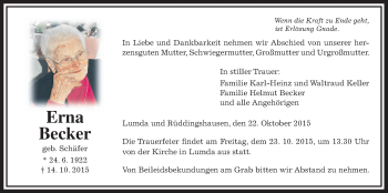 Traueranzeige von Erna Becker von Rabenauer Zeitung