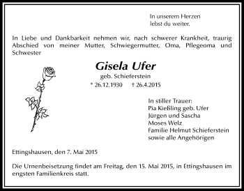 Traueranzeige von Gisela Ufer von Licher Wochenblatt, Licher Wochenblatt, Licher Wochenblatt
