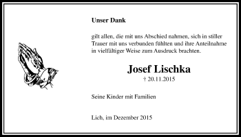 Traueranzeige von Josef Lischka von Gießener Allgemeine, Alsfelder Allgemeine, Wetterauer Zeitung, Wetterauer Zeitung