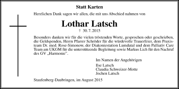 Traueranzeige von Lothar Latsch von Gießener Allgemeine, Alsfelder Allgemeine