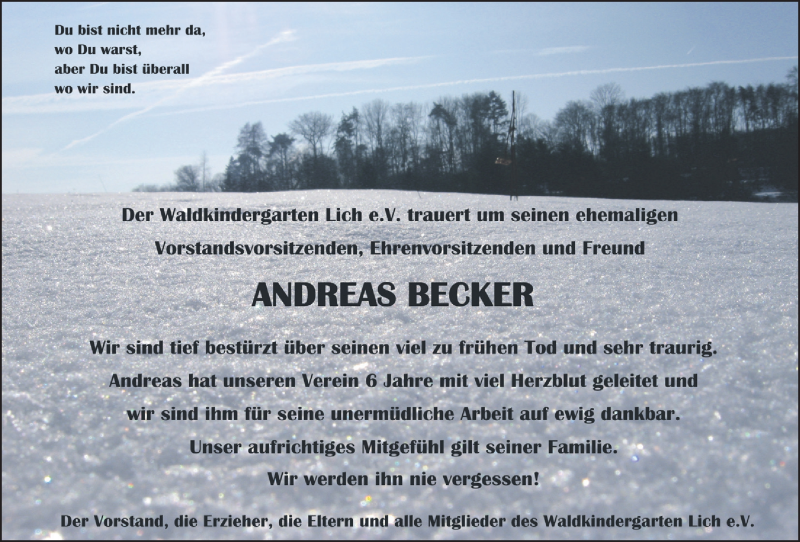  Traueranzeige für Andreas Becker vom 19.11.2015 aus Licher Wochenblatt, Licher Wochenblatt, Licher Wochenblatt