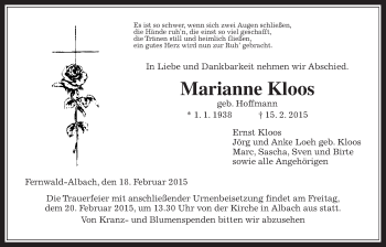 Traueranzeige von Marianne Kloos von Gießener Allgemeine, Alsfelder Allgemeine
