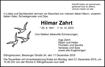 Traueranzeige von Hilmar Zahrt von Licher Wochenblatt, Licher Wochenblatt, Licher Wochenblatt