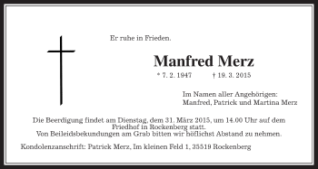 Traueranzeige von Manfred Merz von Wetterauer Zeitung, Wetterauer Zeitung