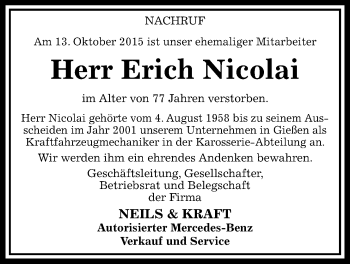 Traueranzeige von Erich Nicolai von Gießener Allgemeine, Alsfelder Allgemeine