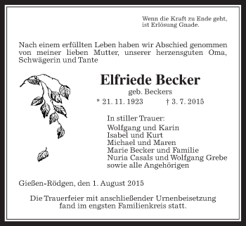 Traueranzeige von Elfriede Becker von Gießener Allgemeine, Alsfelder Allgemeine