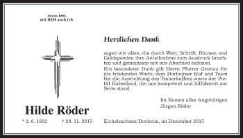 Traueranzeige von Hilde Röder von Wetterauer Zeitung, Wetterauer Zeitung