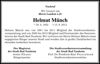 Traueranzeige von Helmut Münch von Wetterauer Zeitung, Wetterauer Zeitung