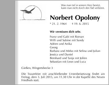 Traueranzeige von Norbert Opolony von Gießener Allgemeine, Alsfelder Allgemeine