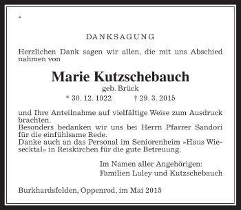 Traueranzeige von Marie Kutzschebauch von Gießener Allgemeine, Alsfelder Allgemeine