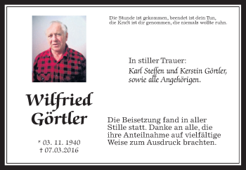 Traueranzeige von Wilfried Görtler von Wetterauer Zeitung, Wetterauer Zeitung