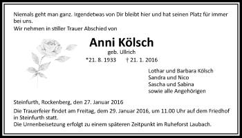 Traueranzeige von Anni Kölsch von Wetterauer Zeitung, Wetterauer Zeitung