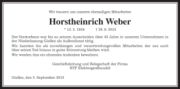 Traueranzeige von Horstheinrich Weber von Gießener Allgemeine, Alsfelder Allgemeine, Wetterauer Zeitung, Wetterauer Zeitung