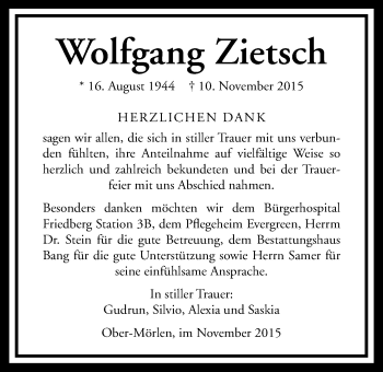 Traueranzeige von Wolfgang Zietsch von Wetterauer Zeitung, Wetterauer Zeitung