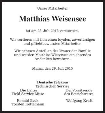 Traueranzeige von Matthias Weisensee von Gießener Allgemeine, Alsfelder Allgemeine