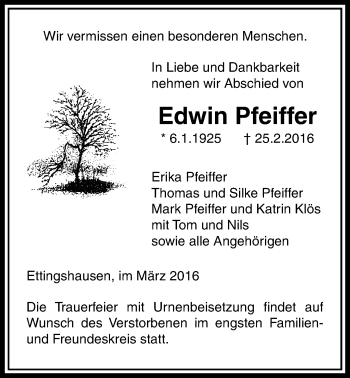 Traueranzeige von Edwin Pfeiffer von Licher Wochenblatt, Licher Wochenblatt, Licher Wochenblatt