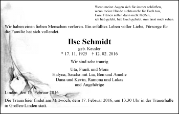 Traueranzeige von Ilse Schmidt von Gießener Allgemeine, Alsfelder Allgemeine