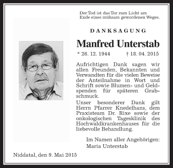 Traueranzeige von Manfred Unterstab von Wetterauer Zeitung, Wetterauer Zeitung
