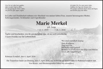 Traueranzeige von Marie Merkel von Gießener Allgemeine, Alsfelder Allgemeine
