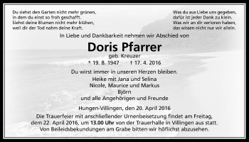 Traueranzeige von Doris Pfarrer von Gießener Allgemeine, Alsfelder Allgemeine