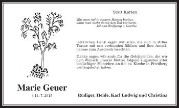 Traueranzeige von Marie Geuer von Wetterauer Zeitung, Wetterauer Zeitung