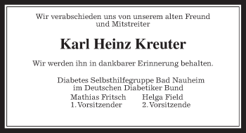 Traueranzeige von Karl Heinz Kreuter von Wetterauer Zeitung, Wetterauer Zeitung