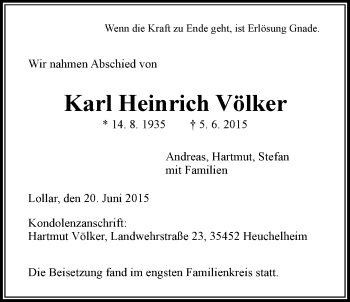 Traueranzeige von Karl Heinrich Völker von Gießener Allgemeine, Alsfelder Allgemeine