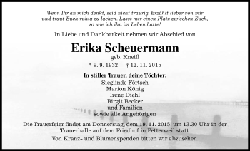 Traueranzeige von Erika Scheuermann von Wetterauer Zeitung, Wetterauer Zeitung