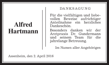 Traueranzeige von Alfred Hartmann von Wetterauer Zeitung, Wetterauer Zeitung
