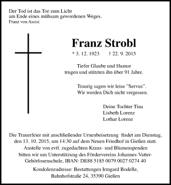 Traueranzeige von Franz Strobl von Gießener Allgemeine, Alsfelder Allgemeine, Gießener Allgemeine, Alsfelder Allgemeine, Wetterauer Zeitung, Wetterauer Zeitung