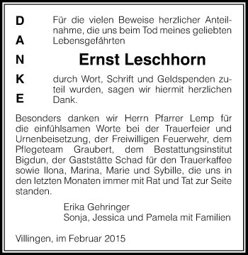 Traueranzeige von Ernst Leschhorn von Licher Wochenblatt, Licher Wochenblatt, Licher Wochenblatt