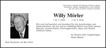 Traueranzeige von Willy Mörler von Wetterauer Zeitung, Wetterauer Zeitung