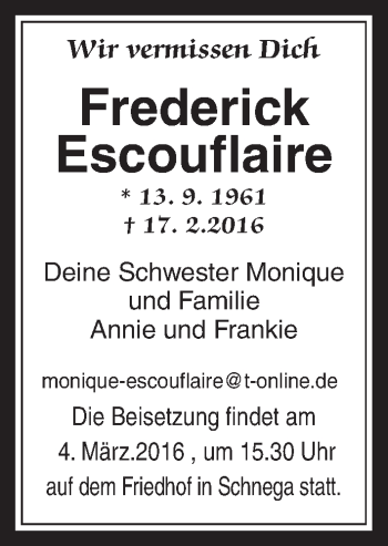 Traueranzeige von Frederick Escouflaire von Gießener Allgemeine, Alsfelder Allgemeine