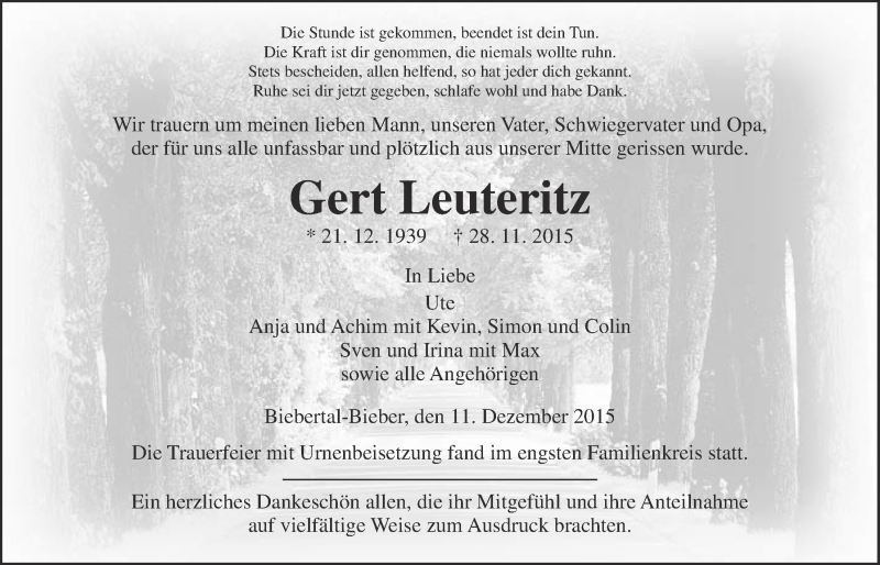  Traueranzeige für Gert Leuteritz vom 11.12.2015 aus Gießener Allgemeine, Alsfelder Allgemeine