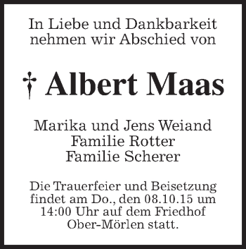 Traueranzeige von Albert Maas von Wetterauer Zeitung, Wetterauer Zeitung
