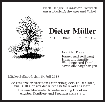 Traueranzeige von Dieter Müller von Alsfelder Allgemeine