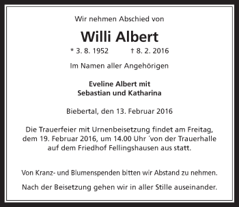 Traueranzeige von Willi Albert von Gießener Allgemeine, Alsfelder Allgemeine