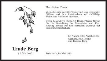 Traueranzeige von Trude Berg von Wetterauer Zeitung, Wetterauer Zeitung