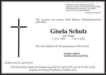 Traueranzeige von Gisela Schulz von Gießener Allgemeine, Alsfelder Allgemeine